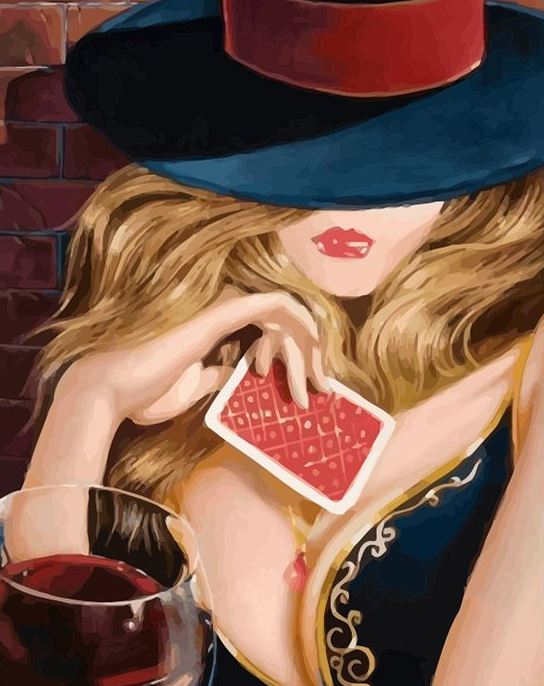 Frau mit Spielkarten und Wein