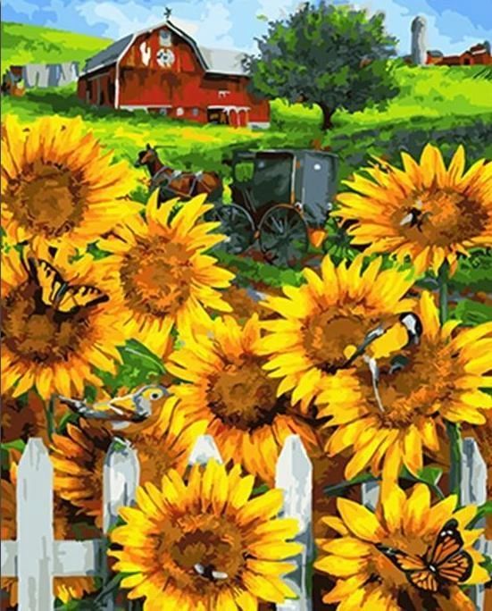 Sonnenblumen mit Bauernhof